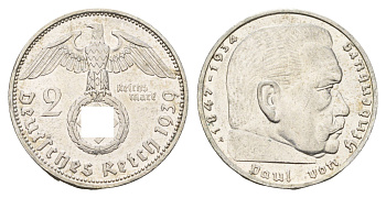 Германия 2 рейхсмарки 1939 A, Пауль фон Гинденбург (1847-1934) KM 93, J. 366 серебро 4681-1126