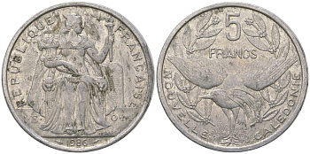 Французская Новая Каледония 5 франков 1986 птица кагу, (IEOM) KM 16, Schoen 12, Lec 76 алюминий 180-545