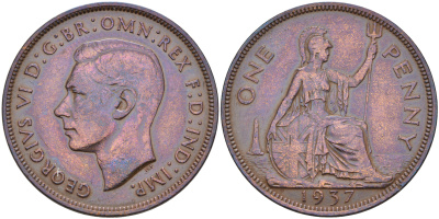 Великобритания 1 пенни 1937 Георг VI (1936-1952) KM 845, Spink 4114 бронза 4590-1232