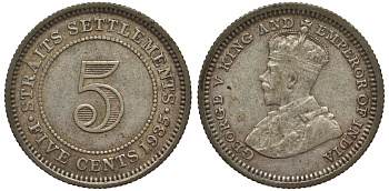 Стрейтс-Сетлментс 5 центов 1935 Георг V (1910-1936) КМ 36 серебро 53-559