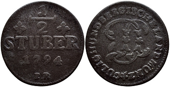 Юлих-Берг 1/2 штюбера 1794 PR KM 206 медь 560-1643