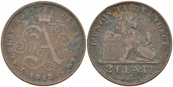 БЕЛЬГИЯ 2 САНТИМА 1912 BELGES KM 64 медь 68-216