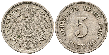 Германия 5 пфеннигов 1913 E, KM 11, J. 12 медно-никель 220-647