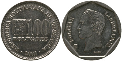 Венесуэла 100 боливаров 2001 KM 83, Schon 95 сталь плакированная никелем 4529-426
