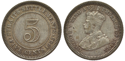 Стрейтс-Сетлментс 5 центов 1935 Георг V (1910-1936) КМ 36 серебро 53-559