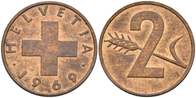 Швейцария 2 раппена 1969 KM 47 бронза 4525-521
