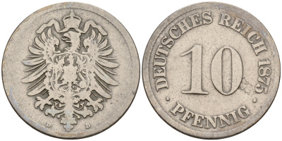 Германия 10 пфеннигов 1875 D, старогербовка KM 4,  J. 4 медно-никель    4153-516