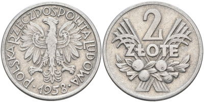 Польша 2 злотых 1958 MW KM 46, Parchimowicz 216a алюминий 4593-313