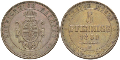 Саксония 5 пфеннигов 1869 В, Иоганн (1854-1873), Альбертинская линия KM 1218, Jaeger 123, AKS 151 медь 4385-742
