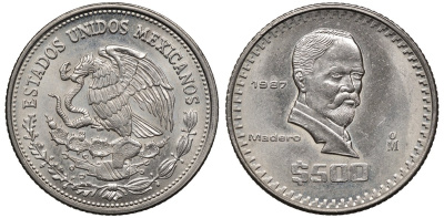 Мексика 500 песо 1987 Мо, Франсиско Игнасио Мадеро KM 529 медно-никель 4367-1134
