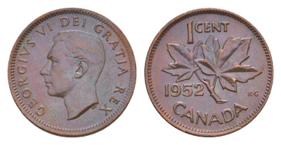 Канада 1 цент 1952 Георг VI (1936-1952), кленовый лист KM 41 бронза 4639-268