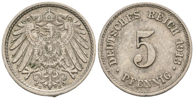 Германия 5 пфеннигов 1913 E, KM 11, J. 12 медно-никель 220-647