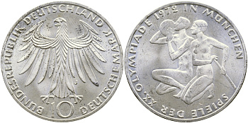 ФРГ 10 марок 1972 J, XX летние Олимпийские Игры, Мюнхен 1972, спортсмены KM 132, J. 403 серебро 58-1042