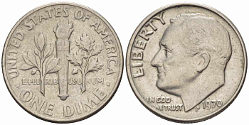 США 10 ЦЕНТОВ = 1 ДАЙМ 1970 РУЗВЕЛЬТ KM 195а медь плакированная медно-никелем 105-654