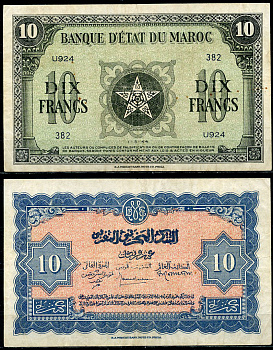 Марокко 10 франков 1944  Pick 25  бумага   451-824-1