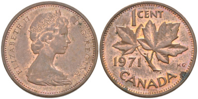 Канада 1 цент 1971 Елизавета II (1952-2022), кленовый лист KM 59.1 бронза aUNC 188-134