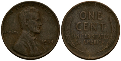 США 1 цент 1944 Линкольн KM A132 медь цинк 4164-832