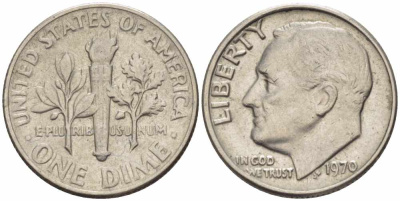 США 10 ЦЕНТОВ = 1 ДАЙМ 1970 РУЗВЕЛЬТ KM 195а медь плакированная медно-никелем 105-654