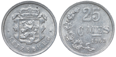 Люксембург 25 сантимов 1963 KM 45a.1 алюминий 4549-613