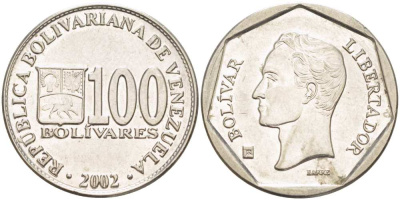 Венесуэла 100 боливаров 2002 KM 83 сталь плакированная никелем 217-755