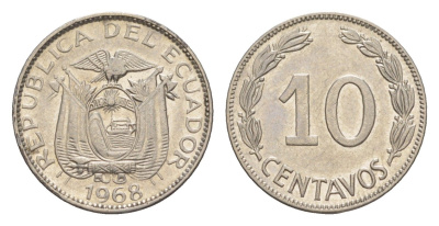 Эквадор 10 сентаво 1968 KM 76c сталь плакированная никелем 4643-1218