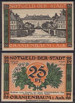Ораниенбаум 25 пфеннигов 1921 Mehl Grabowski 1024.1-4/8 бумага UNC (пресс) 8613-47-2-1
