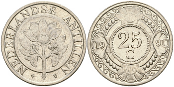 Нидерландские Антилы 25 центов 1991 Беатрикс (1980-2013) KM 35 сталь плакированная никелем 4364-1821