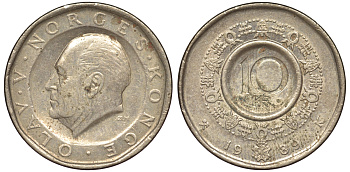 Норвегия 10 крон 1989 Улаф V (1957-1991) KM 427 медь цинк никель 25-2326