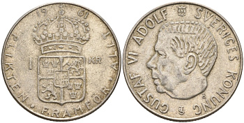 Швеция 1 крона 1961 TS, Густав VI Адольф (1950-1973) KM 826 серебро 4150-116