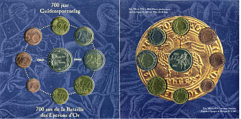 Бельгия евронабор из 8 монет + жетон 2002 700 лет битве при Куртре,  в оригинальном картонном буклете    UNC  6-5-3-20