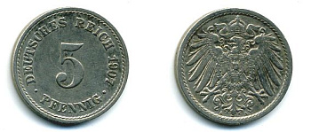 ГЕРМАНИЯ 5 ПФЕННИГОВ 1907 A, KM 11, J. 12 медно-никель 62-2431