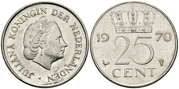 НИДЕРЛАНДЫ 25 ЦЕНТОВ 1970 ЮЛИАНА KM 183 никель 96-223