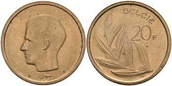 Бельгия 20 франков 1981 Belgie KM 160 никель бронза 4120-1126