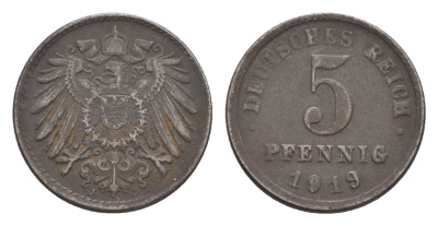Германия 5 пфеннигов 1919 J KM 19, J. 297, Weege 5 железо плакированное цинком 4640-165