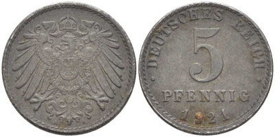 ГЕРМАНИЯ 5 ПФЕННИГОВ 1921 A KM 19, J. 297, Weege 5 железо 206-752