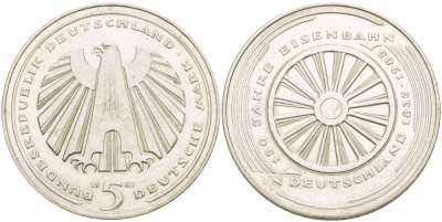 ФРГ 5 марок 1985 G, 150 лет немецким железным дорогам J. 438, KM 163 медно-никель плакированный никелем 00-00
