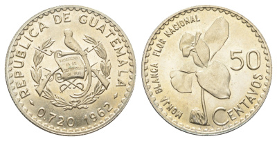 Гватемала 50 сентаво 1962 KM 264 серебро UNC 4127-1425
