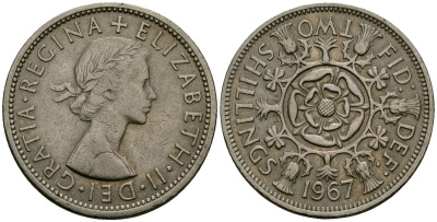 Великобритания 2 шиллинга (флорин) 1967 Елизавета II (1952-2022) KM 906, Spink 4146 медно-никель 4120-342