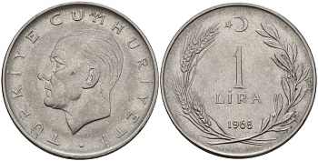 Турция 1 лира 1968 Мустафа Кемаль Ататюрк KM 889a.2 нержавеющая сталь 4149-1244
