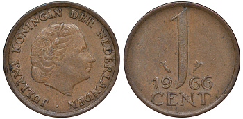 НИДЕРЛАНДЫ 1 ЦЕНТ 1966 ЮЛИАНА KM 180 бронза 45-433