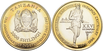Танзания 2000 шиллингов 1996 XXVI Олимпийские игры 1996 года в Атланте, 100 лет Олимпийскому движению, бег, пробник, рубчатый гурт медно-никель PROOF 06-135-13