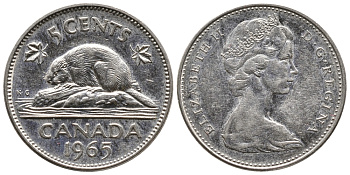 Канада 5 центов 1965 Елизавета II (1952-2022), бобер KM 60.1 никель 73-1315