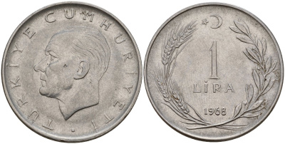 Турция 1 лира 1968 Мустафа Кемаль Ататюрк KM 889a.2 нержавеющая сталь 4149-1244