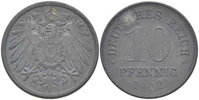 ГЕРМАНИЯ 10 ПФЕННИНГОВ 1922 KM 26, J.299, Weege 8 цинк 202-222