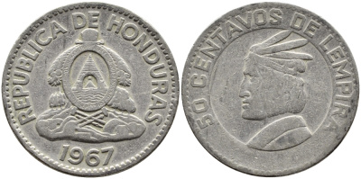 Гондурас 50 сентаво 1967 бюст касика Лемпира KM 80 медно-никель 4390-136