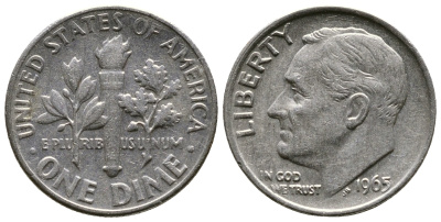 США 10 ЦЕНТОВ = 1 ДАЙМ 1965 РУЗВЕЛЬТ KM 195а медь плакированная медно-никелем 08-1351