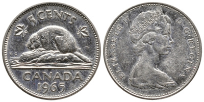 Канада 5 центов 1965 Елизавета II (1952-2022), бобер KM 60.1 никель 73-1315