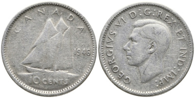 Канада 10 центов 1946 Георг VI (1937-1952), парусник KM 34 серебро 4532-744