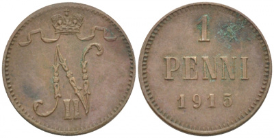РОССИЯ ДЛЯ ФИНЛЯНДИИ 1 ПЕННИ 1915 НИКОЛАЙ II KM 13, Биткин 475 медь 211-1012