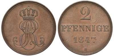Ганновер 2 пфеннига 1847 B, Эрнст Август (1837-1851) KM 202.1, AKS 124, J. 75 медь 75-1852